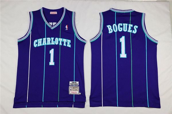 Men Charlotte Hornets 1 Bogues Purple Throwback Stitched NBA Jersey
